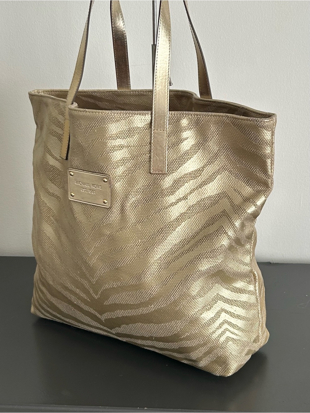 Michael Kors Metallic Gold Zebra Print Tote Shoulder Bag Large Purse - Picture 6 of 12